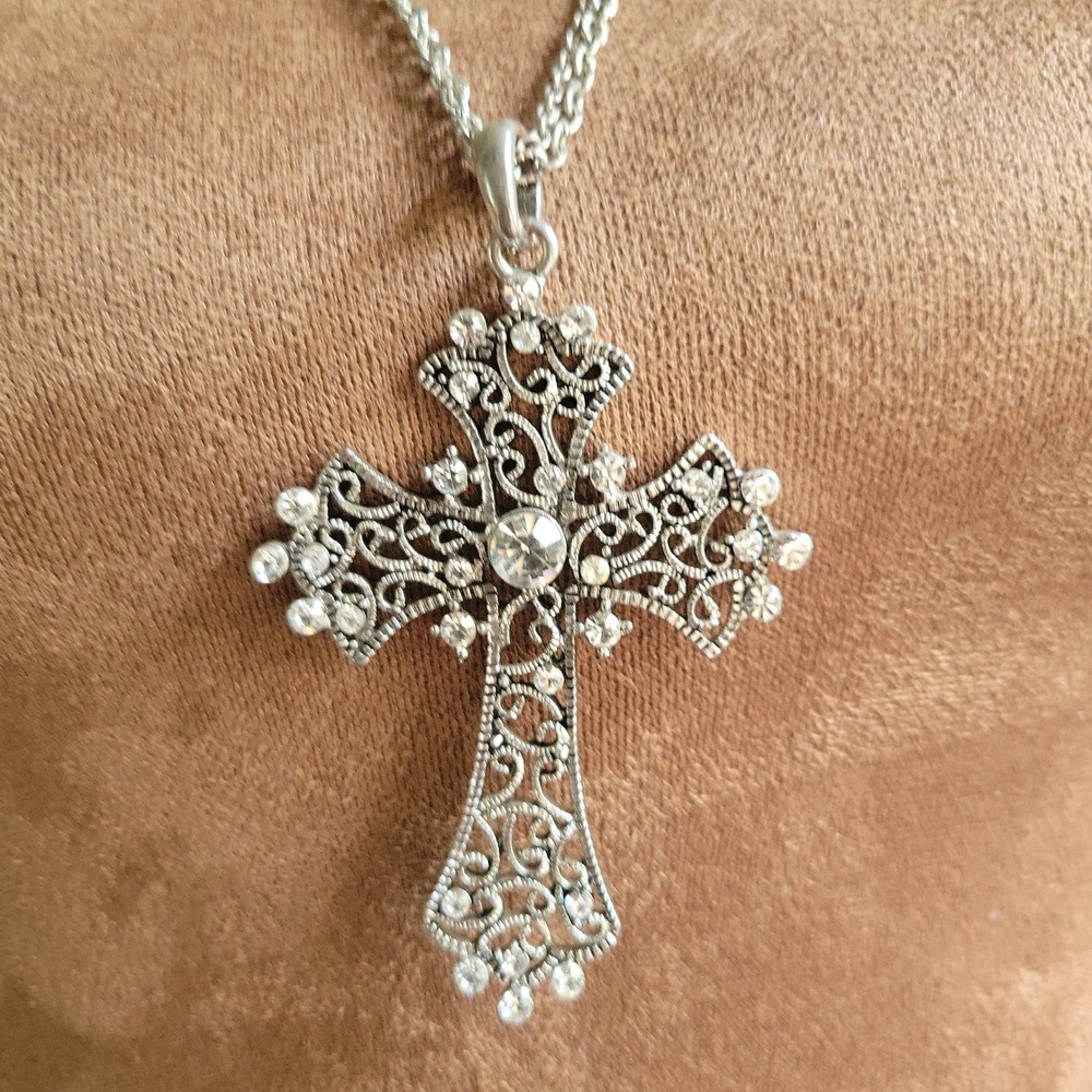 Silver Tone Rhinestone Filigree Ornate Cross Necklace 22 Inch Whimsigoth